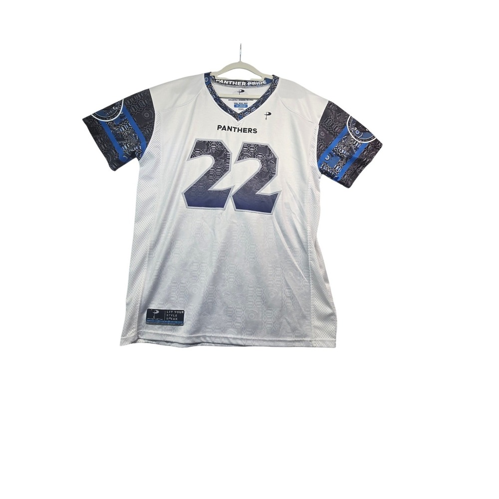 Phenetix Panthers Football Jersey Mens XL White Blue Tribal Print 22 DMLK